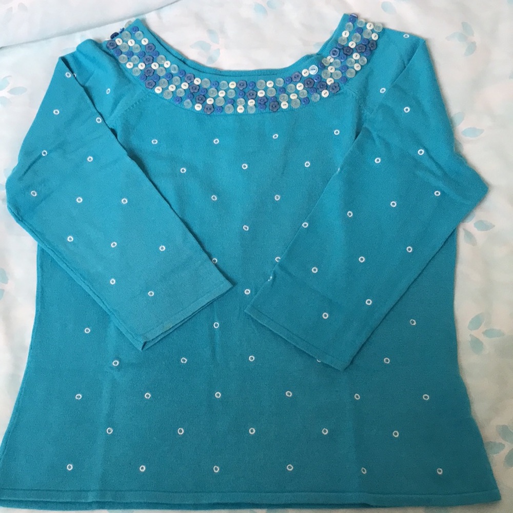 Peck & Peck teal button-detailed neckline Blouse